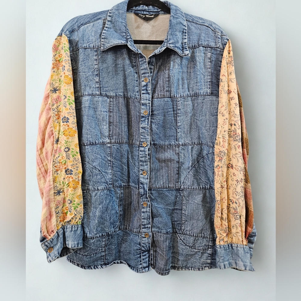 Boho Western Patchwork Denim Plaid Shirt Jacket L Young Threads